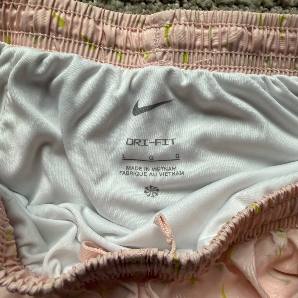 Nike Dri-FIT Running Shorts Girls Large Pink Lime Green Mini Swoosh Track Sports - Picture 3 of 7